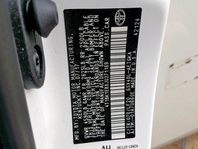 4T1BK1EBXJU271169 - 2018 TOYOTA AVALON XLE WHITE photo 10