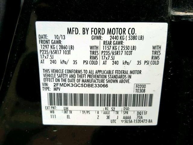 2FMDK3GC5DBE33066 - 2013 FORD EDGE SE BLACK photo 10