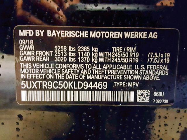 5UXTR9C50KLD94469 - 2019 BMW X3 XDRIVE3 BLACK photo 10