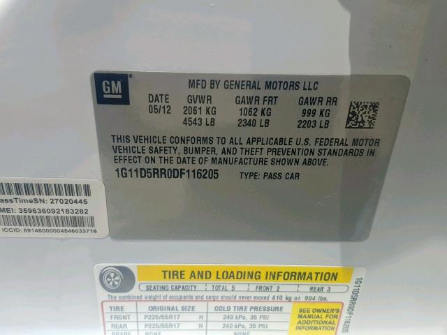 1G11D5RR0DF116205 - 2013 CHEVROLET MALIBU 1LT 白色 照片 10