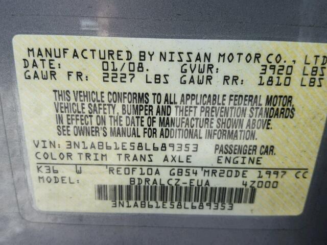 3N1AB61E58L689353 - 2008 NISSAN SENTRA 2.0 GRAY photo 10