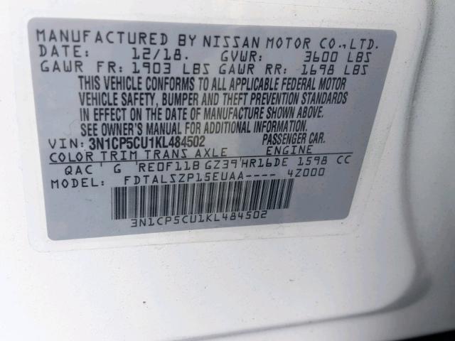 3N1CP5CU1KL484502 - 2019 NISSAN KICKS S WHITE photo 10