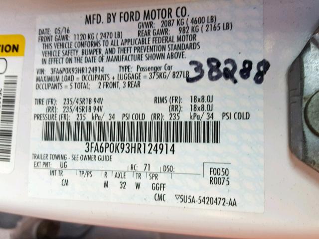 3FA6P0K93HR124914 - 2017 FORD FUSION TIT WHITE photo 10