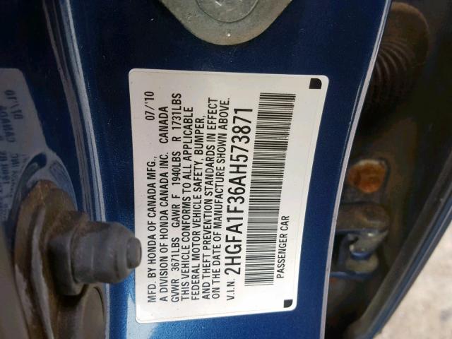 2HGFA1F36AH573871 - 2010 HONDA CIVIC VP BLUE photo 10