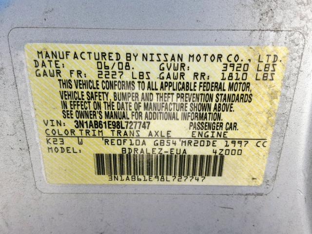 3N1AB61E98L727747 - 2008 NISSAN SENTRA 2.0 SILVER photo 10