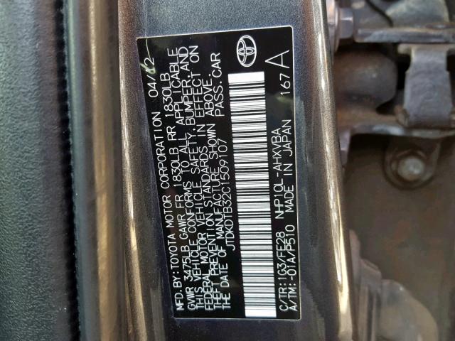 JTDKDTB32C1509107 - 2012 TOYOTA PRIUS C BLACK photo 10