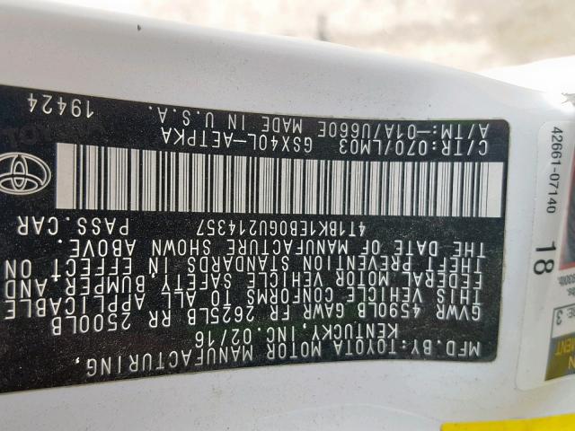 4T1BK1EB0GU214357 - 2016 TOYOTA AVALON XLE WHITE photo 10