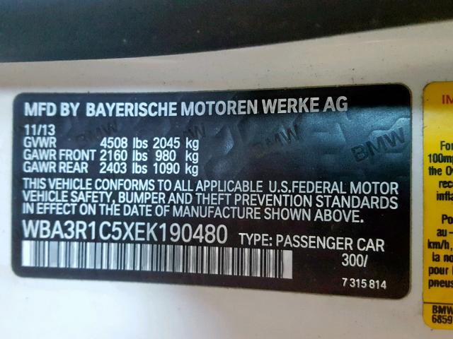 WBA3R1C5XEK190480 - 2014 BMW 435 I WHITE photo 10