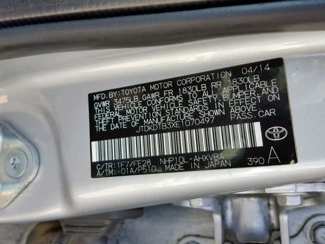 JTDKDTB3XE1070497 - 2014 TOYOTA PRIUS C SILVER photo 10