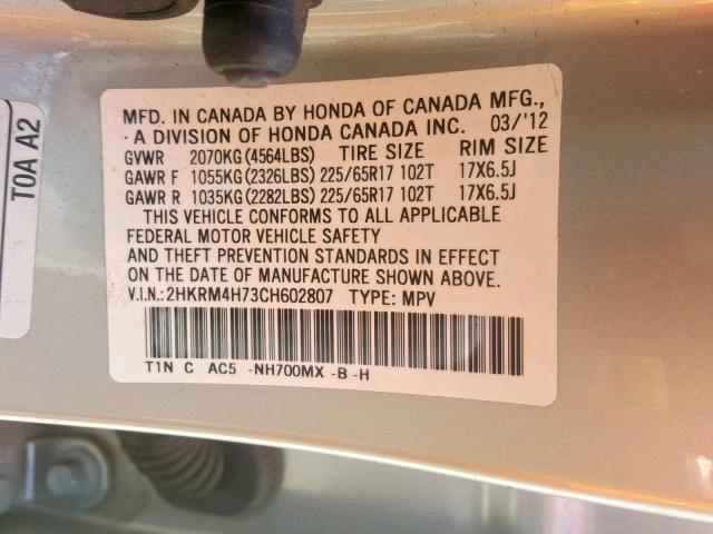 2HKRM4H73CH602807 - 2012 HONDA CR-V EXL SILVER photo 10