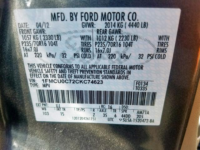 1FMCU0C72CKC74623 - 2012 FORD ESCAPE XLS GRAY photo 10