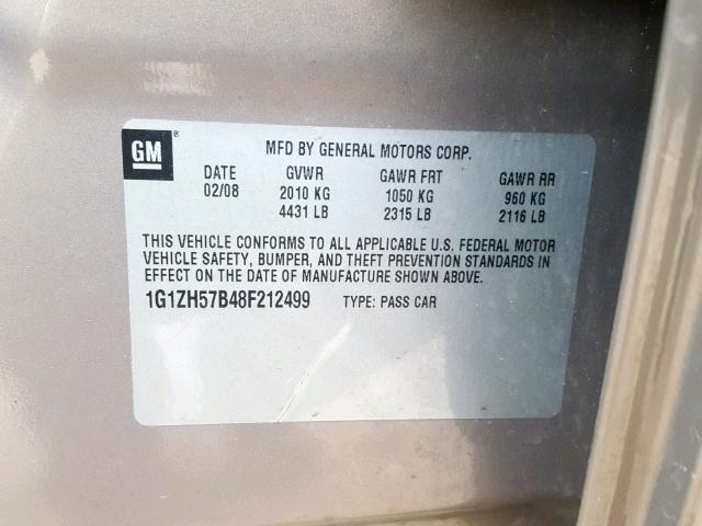 1G1ZH57B48F212499 - 2008 CHEVROLET MALIBU 1LT ოქროსფერი ფოტო 10