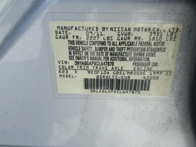 3N1AB6APXCL647870 - 2012 NISSAN SENTRA 2.0 SILVER photo 10