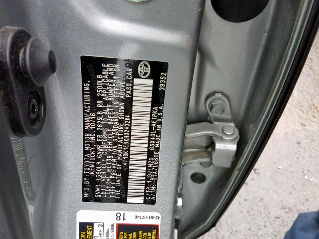 4T1BK1EBXHU243284 - 2017 TOYOTA AVALON XLE SILVER photo 10