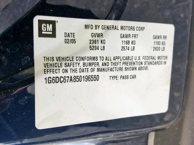 1G6DC67A850196550 - 2005 CADILLAC STS BLUE photo 10