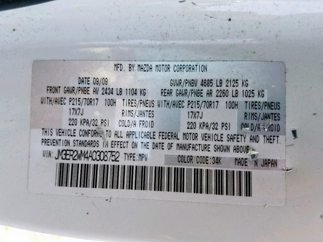 JM3ER2WM4A0308752 - 2010 MAZDA CX-7 WHITE photo 10