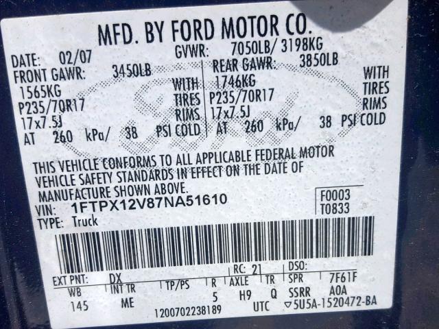 1FTPX12V87NA51610 - 2007 FORD F150 BLUE photo 10