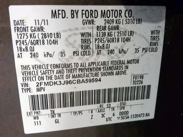 2FMDK3J96CBA59594 - 2012 FORD EDGE SEL GOLD photo 10