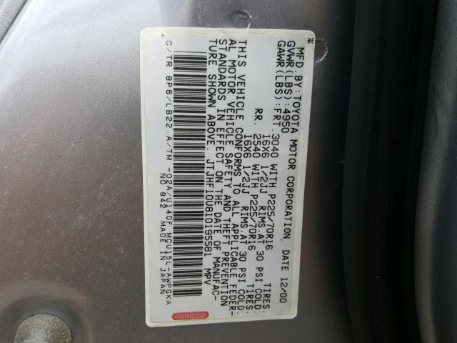 JTJHF10U810195581 - 2001 LEXUS RX 300 SILVER photo 10