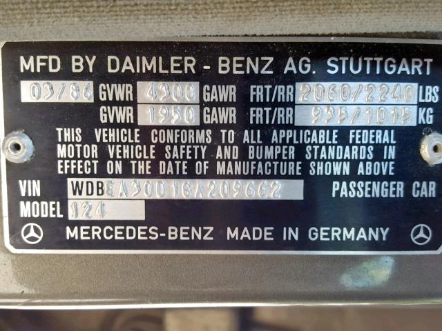 WDBEA30D1GA209662 - 1986 MERCEDES-BENZ 300 E GRAY photo 10