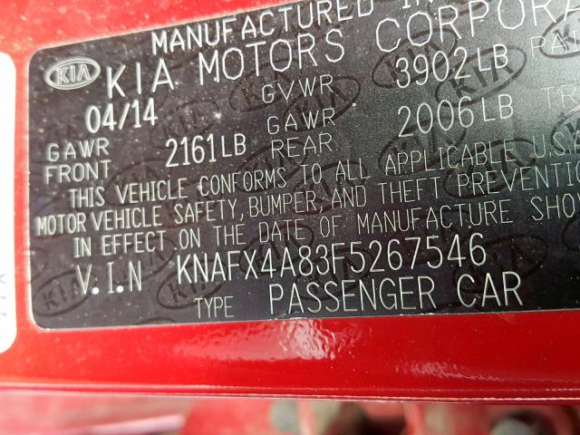 KNAFX4A83F5267546 - 2015 KIA FORTE EX RED photo 10