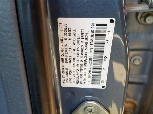 1HGCM66567A052181 - 2007 HONDA ACCORD EX BLUE photo 10