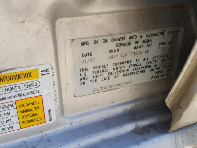 KL1TD566X8B054620 - 2008 CHEVROLET AVEO BASE Күміс фото 10