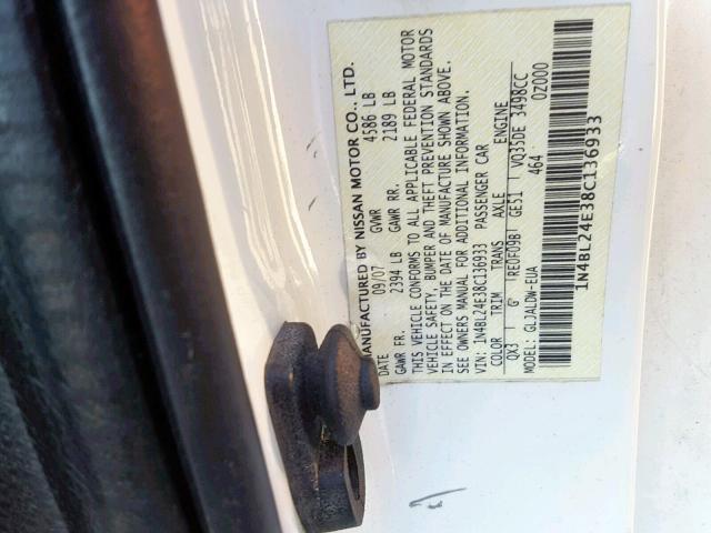 1N4BL24E38C136933 - 2008 NISSAN ALTIMA 3.5 WHITE photo 10