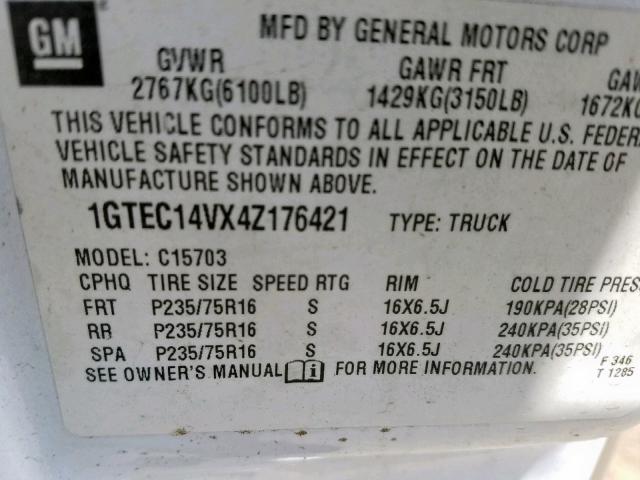 1GTEC14VX4Z176421 - 2004 GMC NEW SIERRA WHITE photo 10