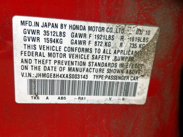 JHMGE8H4XAS003143 - 2010 HONDA FIT SPORT RED photo 10