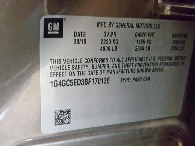 1G4GC5ED3BF170136 - 2011 BUICK LACROSSE C GRAY photo 10