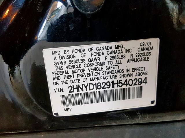 2HNYD18291H540294 - 2001 ACURA MDX BLACK photo 10