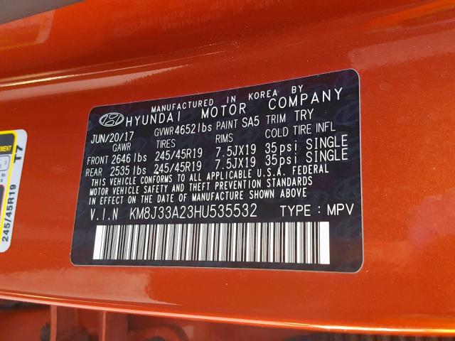 KM8J33A23HU535532 - 2017 HYUNDAI TUCSON LIM ORANGE photo 10