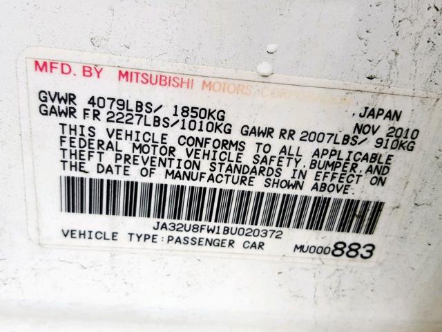 JA32U8FW1BU020372 - 2011 MITSUBISHI LANCER GTS WHITE photo 10