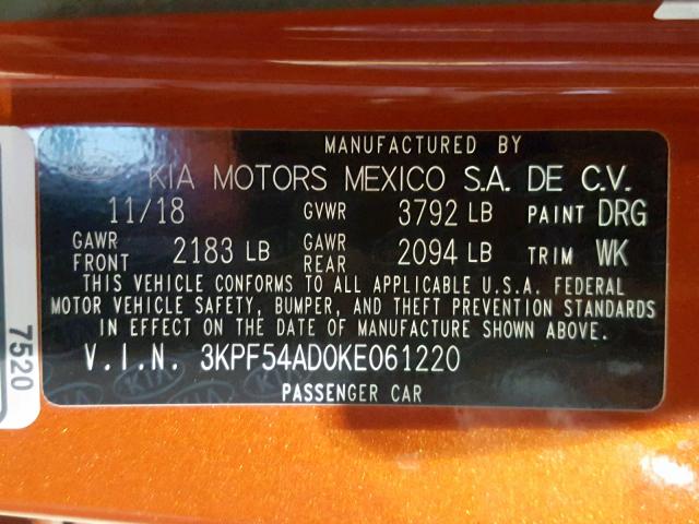 3KPF54AD0KE061220 - 2019 KIA FORTE EX ORANGE photo 10