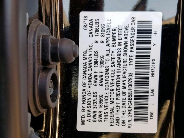 2HGFC4B58JH307903 - 2018 HONDA CIVIC LX BLACK photo 10