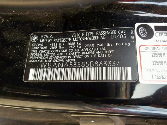 WBANA53585B863337 - 2005 BMW 525 I BLACK photo 10