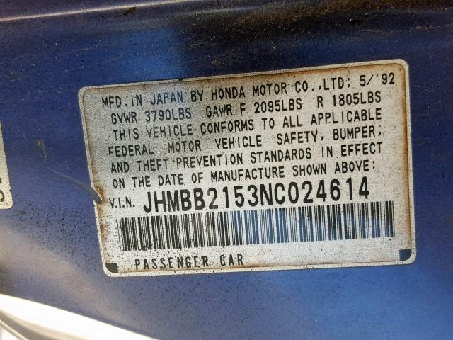 JHMBB2153NC024614 - 1992 HONDA PRELUDE SI BLUE photo 10