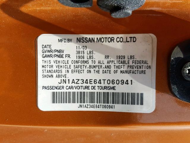 JN1AZ34E64T060941 - 2004 NISSAN 350Z COUPE ORANGE photo 10