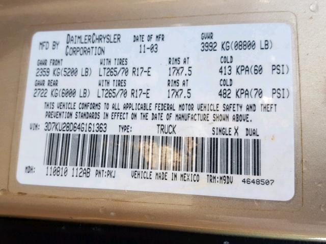 3D7KU28D64G161363 - 2004 DODGE RAM 2500 S ოქროსფერი ფოტო 10
