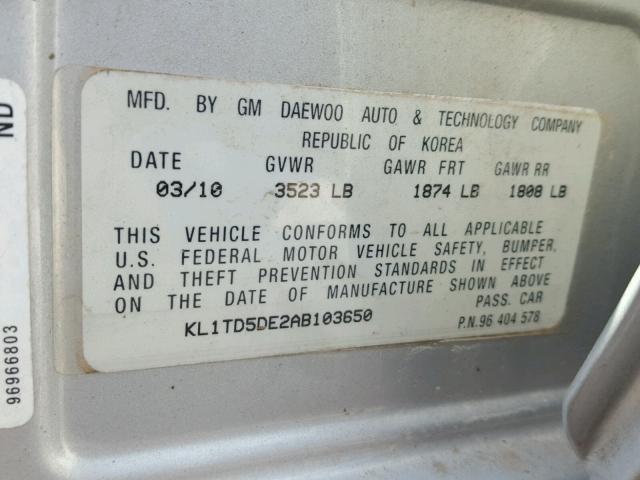 KL1TD5DE2AB103650 - 2010 CHEVROLET AVEO LS SILVER photo 10