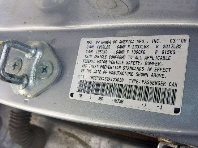 1HGCP26439A123038 - 2009 HONDA ACCORD LXP SILVER photo 10