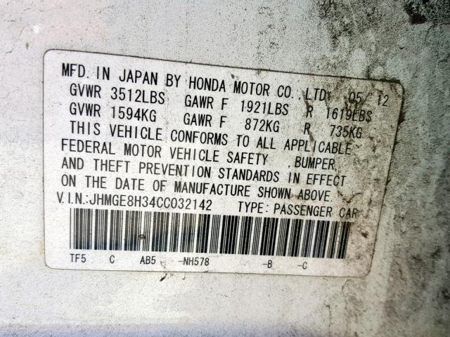 JHMGE8H34CC032142 - 2012 HONDA FIT WHITE photo 10