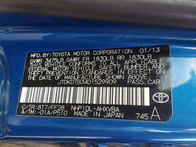 JTDKDTB34D1529909 - 2013 TOYOTA PRIUS C BLUE photo 10