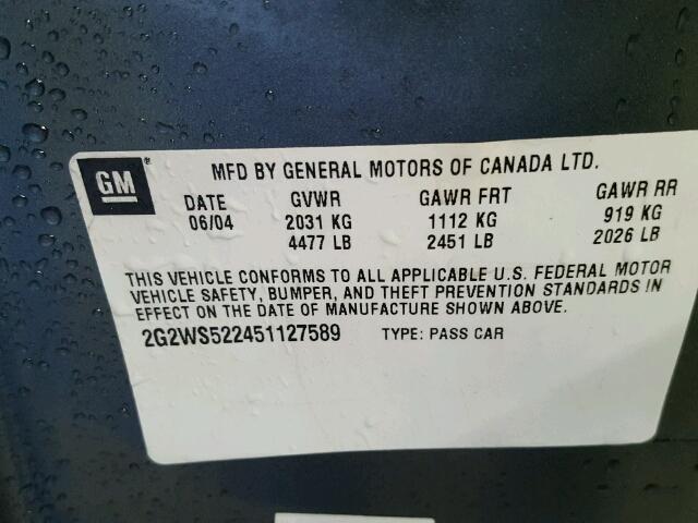 2G2WS522451127589 - 2005 PONTIAC GRAND PRIX CHARCOAL photo 10