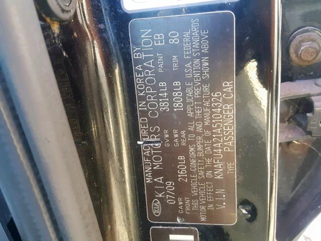 KNAFU4A21A5104326 - 2010 KIA FORTE EX BLACK photo 10