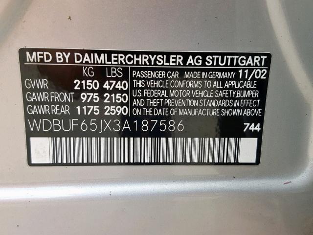 WDBUF65JX3A187586 - 2003 MERCEDES-BENZ E 320 SILVER photo 10