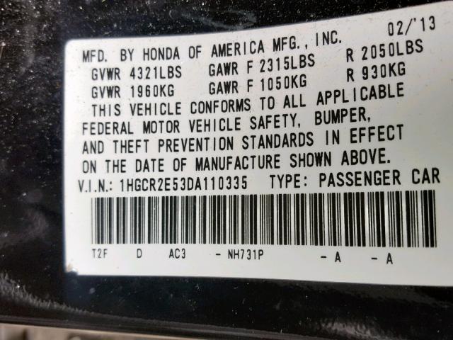 1HGCR2E53DA110335 - 2013 HONDA ACCORD SPO Қара фото 10