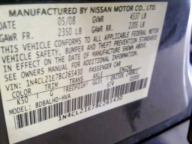 1N4CL21E78C265430 - 2008 NISSAN ALTIMA HYB GRAY photo 10