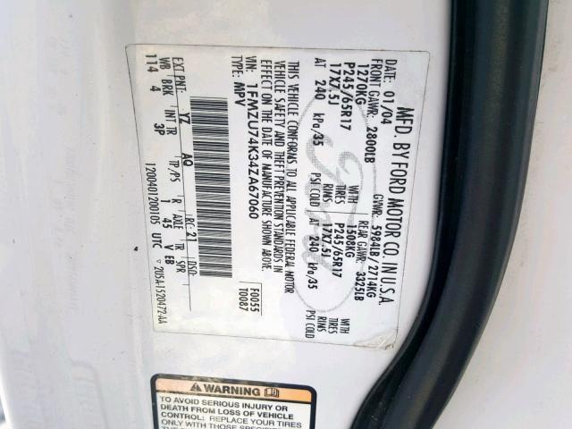 1FMZU74K34ZA67060 - 2004 FORD EXPLORER E WHITE photo 10